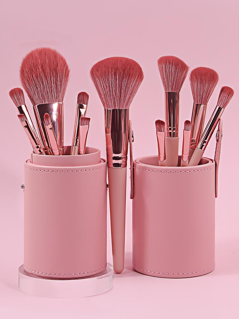 12Pcs Pink Makeup Brush Set with Multifunctional Storage Tube - Soft Bristle Powder Blush Eyeshadow Brushes for Beginners