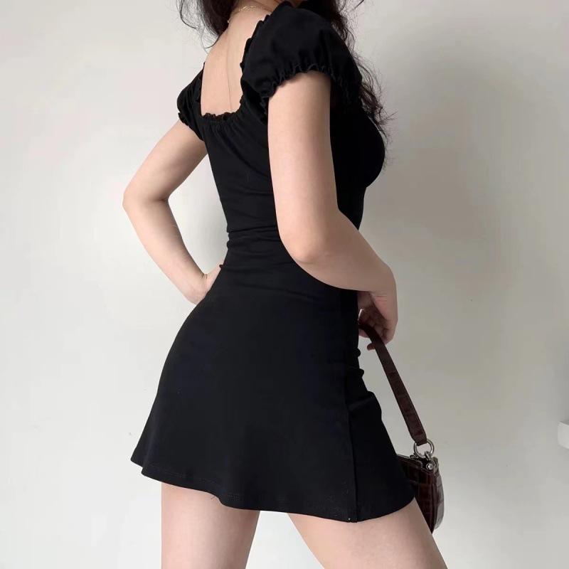 American Retro Chest Hollow Lace-up Bubble Sleeve Dress Women's Summer Square Neck Waist Skirt