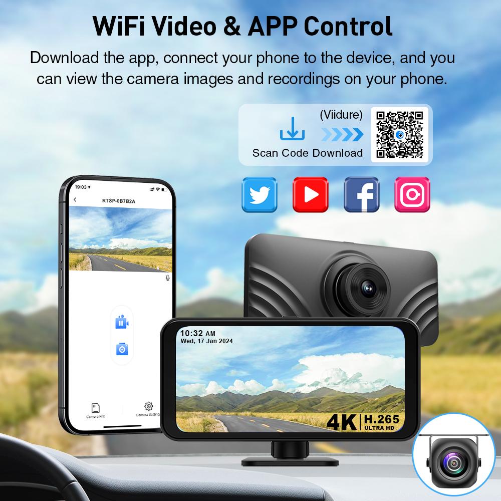 4K Dash Cam Wireless Carplay & Android Auto Car DVR WiFi Rearview Camera With Magnetic bracket Dashboard Video Recorder