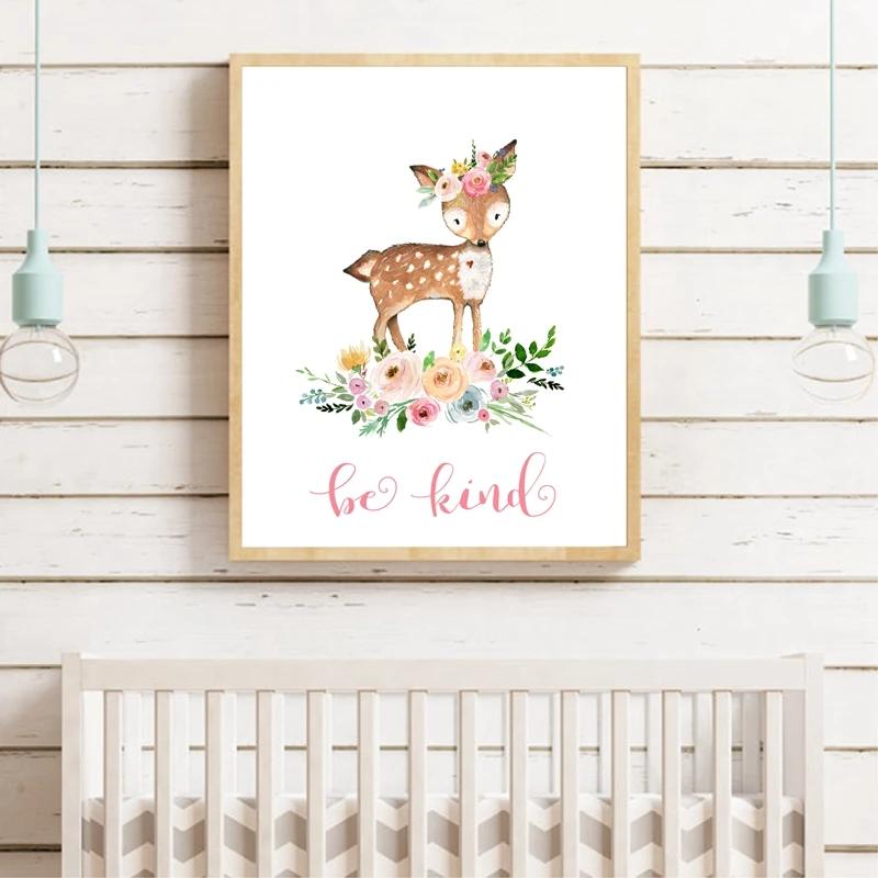 Watercolor Woodland Animal with Flowers Art Poster Prints Canvas Painting Kids Girls Room Bedroom Office Home Wall Decoration