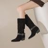Mode Automne 2025 Nouvelles Bottes Femme en Cuir Daim Vache Bout Pointu Boucle Mi-Mollet Talons Épais Bottes Western Rétro Grandes Tailles 34-43