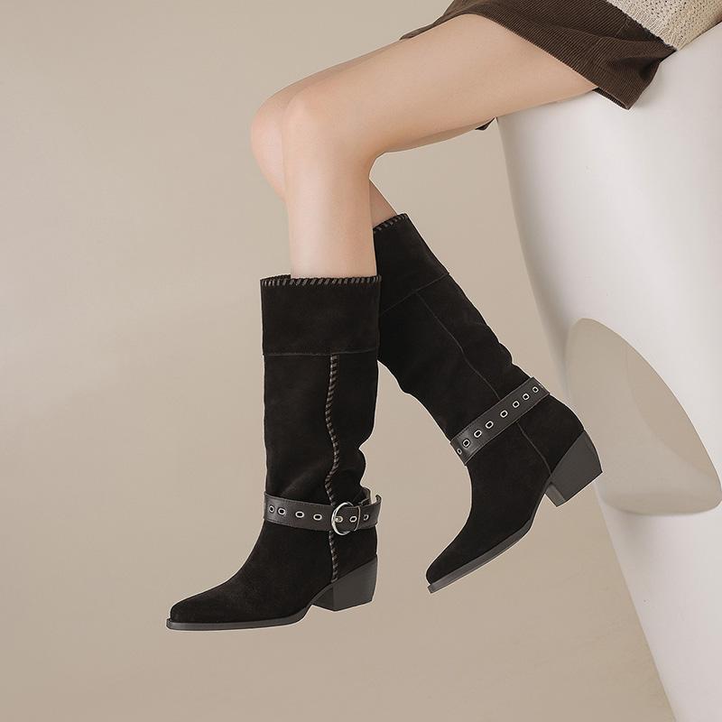 Fashion 2025 Autumn New Cow Suede Leather Women Boots Pointed Toe Buckle Mid Calf Boots Chunky Heels Retro Western Boots Plus Size 34-43