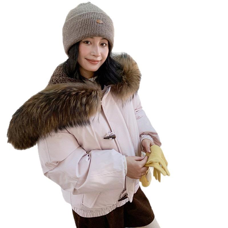 Winter raccoon fur collar down cotton-padded jacket for women's winter thickened warm horn buckle hooded cotton-padded jacket tide