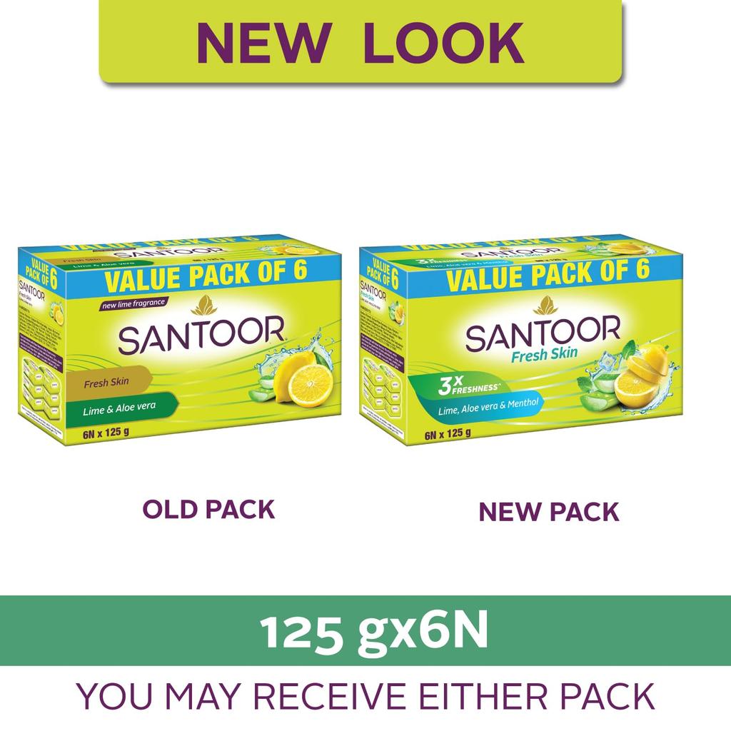 Santoor Fresh Skin Aloe Vera & Lime Bathing Soap with Nourishing & Anti-Aging Properties| For Smooth & Soft and Younger-Looking Skin| For All Skin Typ