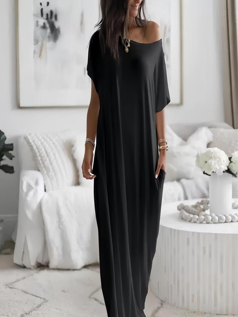 2026 Trendy European & American Women's Solid Short-Sleeve Long Summer Dress