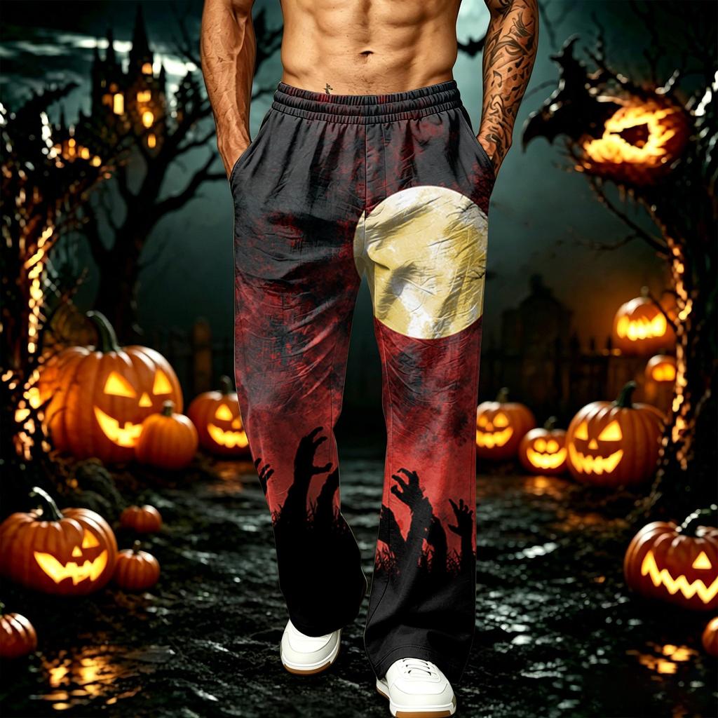 Herren Locker geschnittene Jogginghose mit Taschen Halloween-Print Schweißhose für Freizeit und Training