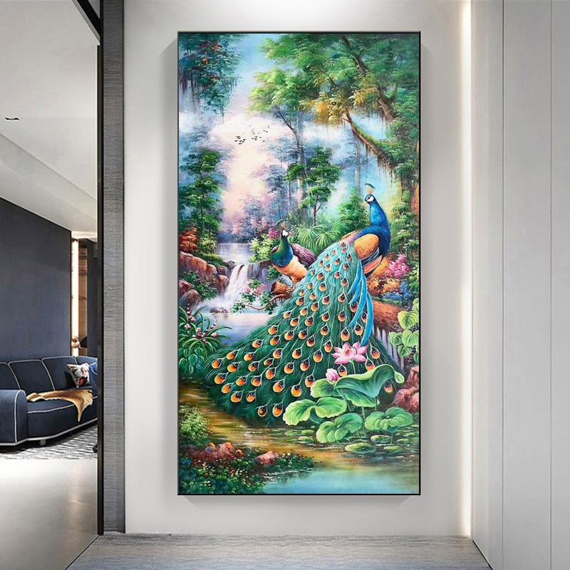 New Chinese Style Light Luxury Peacock Phoenix Canvas Painting Wall Art Abstract Golden Animal Posters for Porch Room Wall Decor