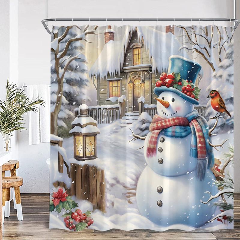 Cute Snowman Christmas Shower Curtains Santa Claus Xmas Tree Truck Winter Forest Scenery Home Bathroom Decor Bath Curtain Set