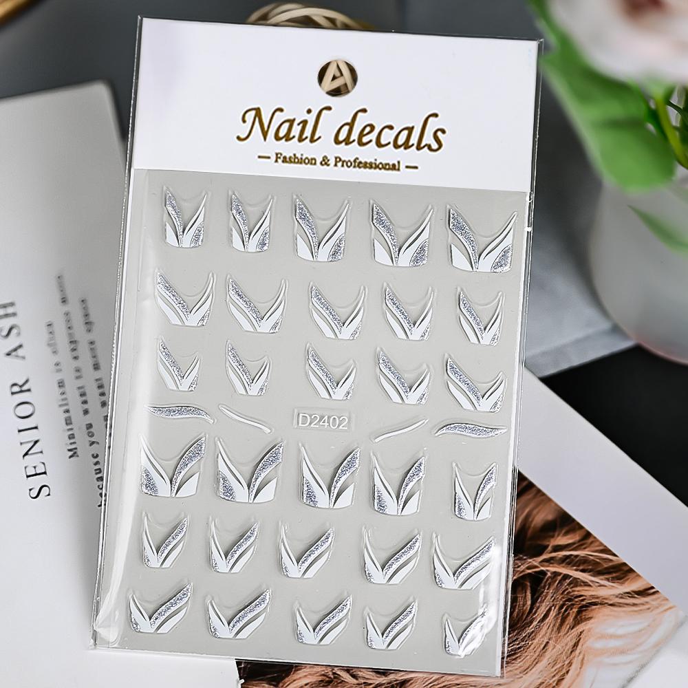 1pcs Gold Glitter French Design Nail Stickers White Silver Curve Lines Stripe Wave Nail Decals Slider Reflective Manicure Wraps