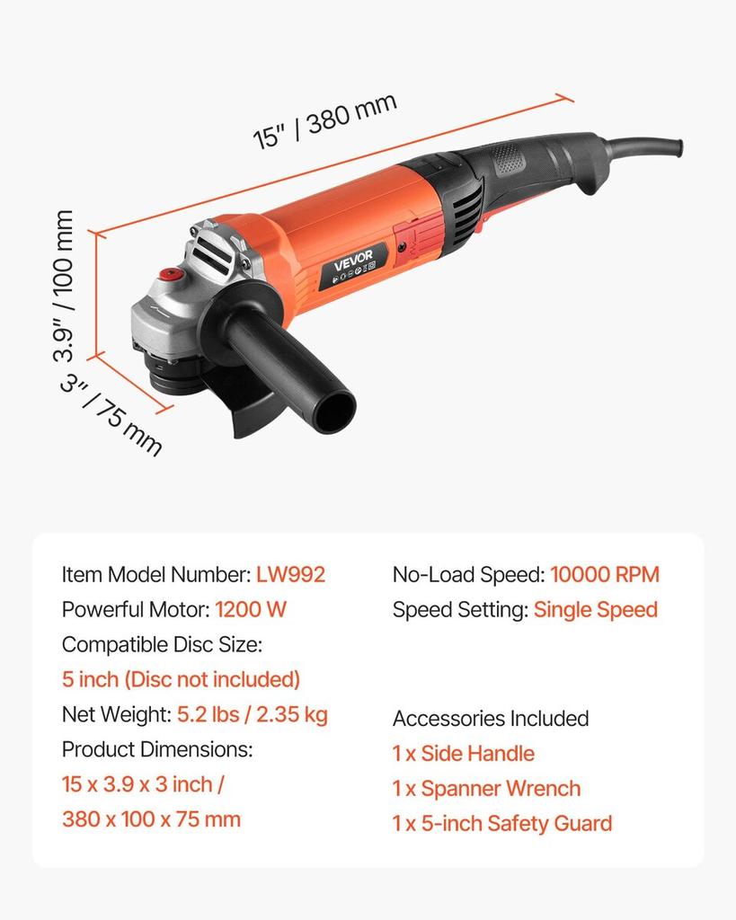 Angle Grinder, 127mm Electric Grinder Power Tool, 5.4Amps 10000RPM High-Speed Corded Angle Grinders with Adjustable Dust Guard for Metal Grinding,