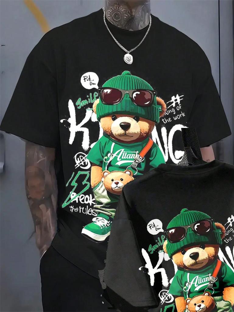 Summer Mens Street Cartoon Teddy Bear Pattern Tshirt Comfortable Casual Outdoor O-Neck Short Sleeve Polyester Fabric Tee Y2K Top