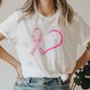 Minimalist Pink Ribbon Heart T-Shirt, Breast Cancer Awareness Print Short Sleeve Tee Support Charity Casual Top T Shirt