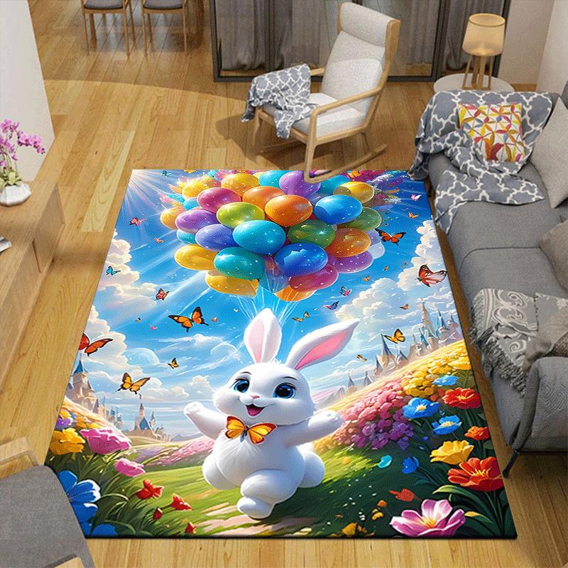 1pc Balloons and white rabbit Design Indoor Area Rug - Soft, Anti-Slip, and Durable Gaming Room Decor for Bedroom