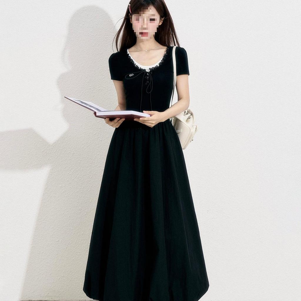 Women's A-line Short Sleeve Dress, 2025 Summer: Wild Berry Patchwork, Cinched Waist, Slim Fit, Elegant Long Length
