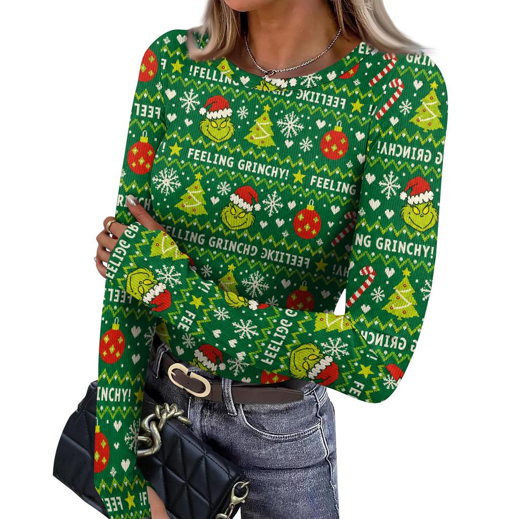 Women's Slim Fit Base Layer Long Sleeve Crewneck Pullover T-Shirt with Thumb Holes, Christmas Graphic Print Top