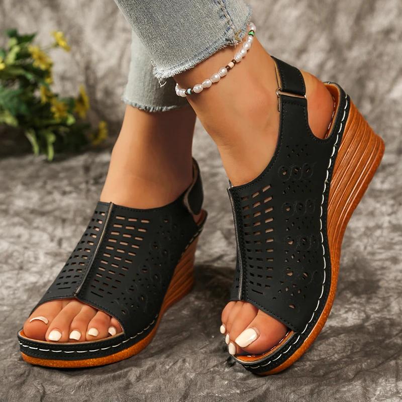 Fashion Hollow Out Wedge Heel Sandals for Women Summer 2025 Fashion Peep Toe Platform Sandalias Mujer Comfortable Non Slip Beach Shoes