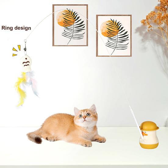 Interactive Cat Teaser Stick Cat Toy with Feathered Fish Interchangeable Teaser Heads 360-Degree Rotating Duck Base Detachable Teaser Wand