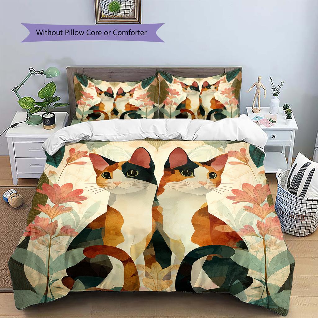 Cartoon Calico Cat Pattern Bedding Home Decoration Birthday Gift (1 * duvet cover + 2 * pillowcase, without core)