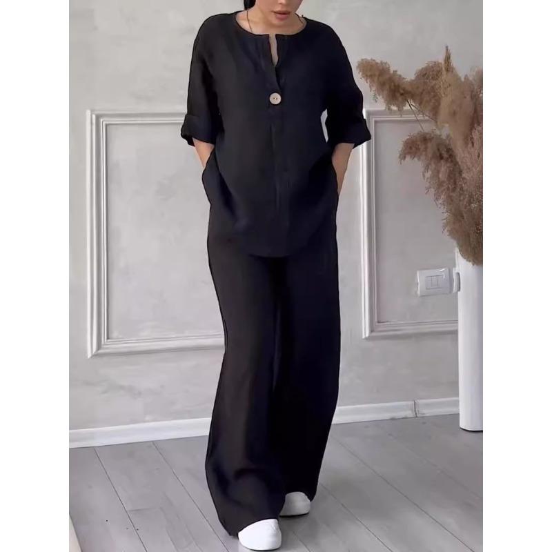 Módní dámské pohodlné volné kalhoty se širokými nohavicemi Ležérní bavlněný lněný oblek