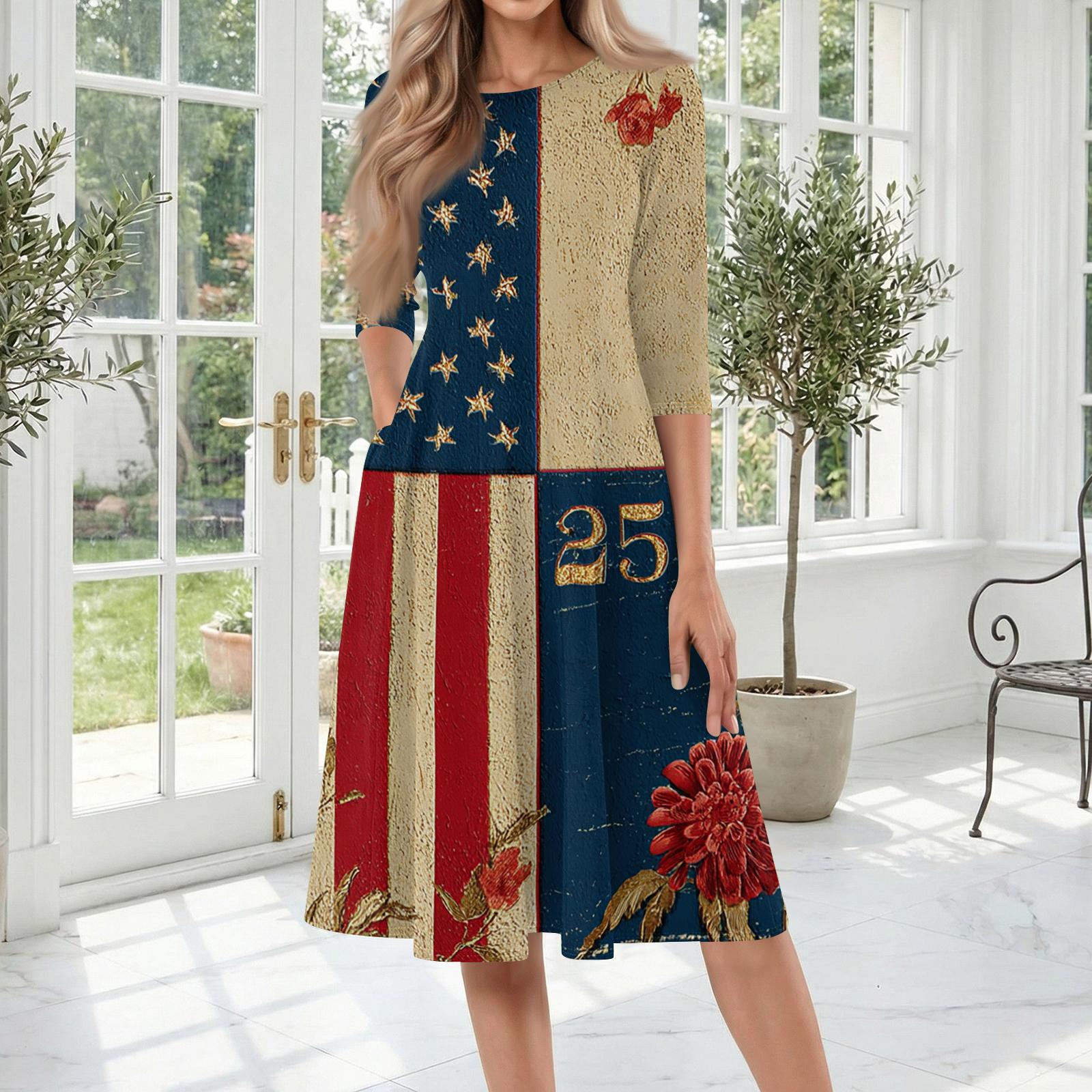 

Casual Mid-Length Dress with Round Neck Three-Quarter Sleeves Independent Day Star Pattern Comfortable Fit S жёлтый