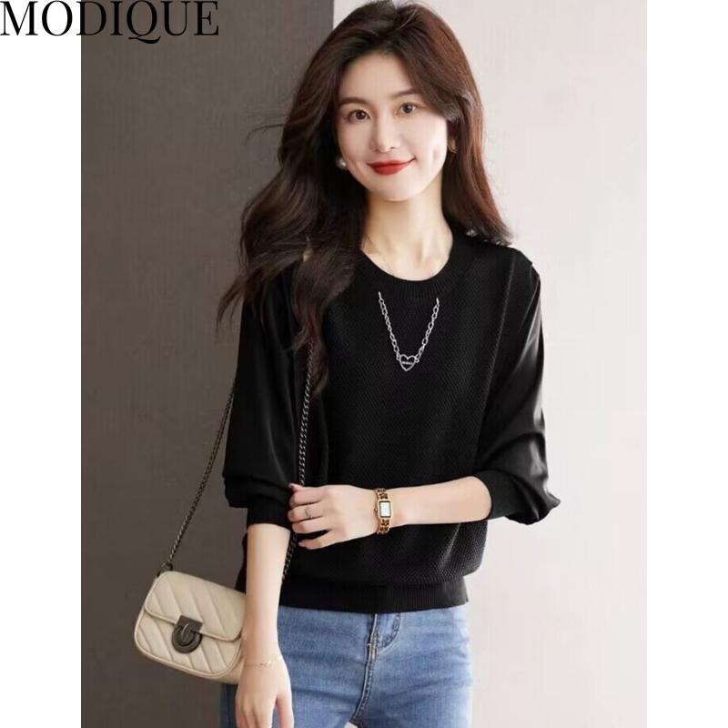 MODIQUE Herbst Übergröße Neu Damen Vielseitiger Einfarbiger Strickpullover mit Halskette Weiblich Lässig Minimalistisch Langarm Rundhals Shirt