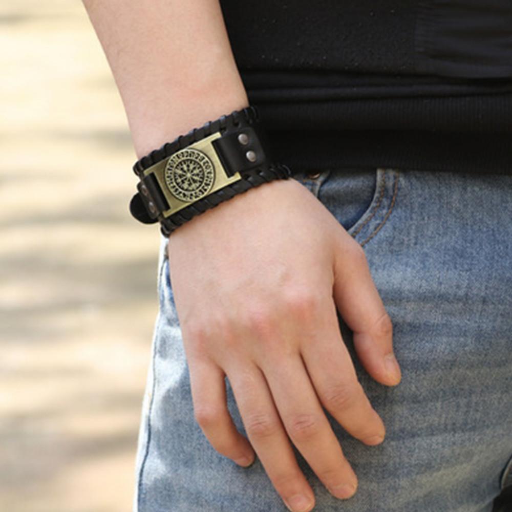 Viking Snowflake Bracelet for Men Nordic Vegvisir Compass Leather Bangle with Runes Stylish Viking Jewelry