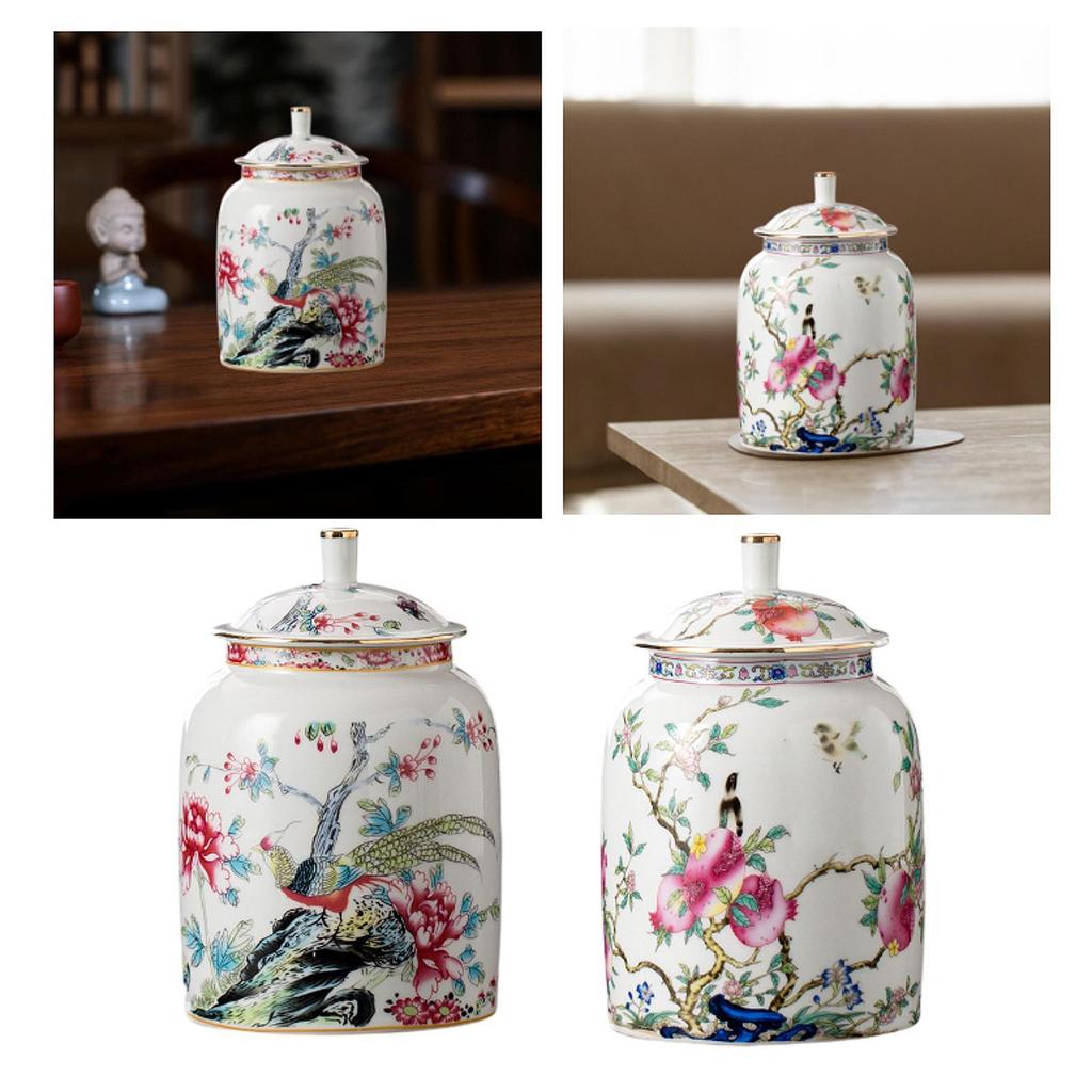 Porcelain Tea Canister Decorative Flower Vase for Tabletop Livingroom Office