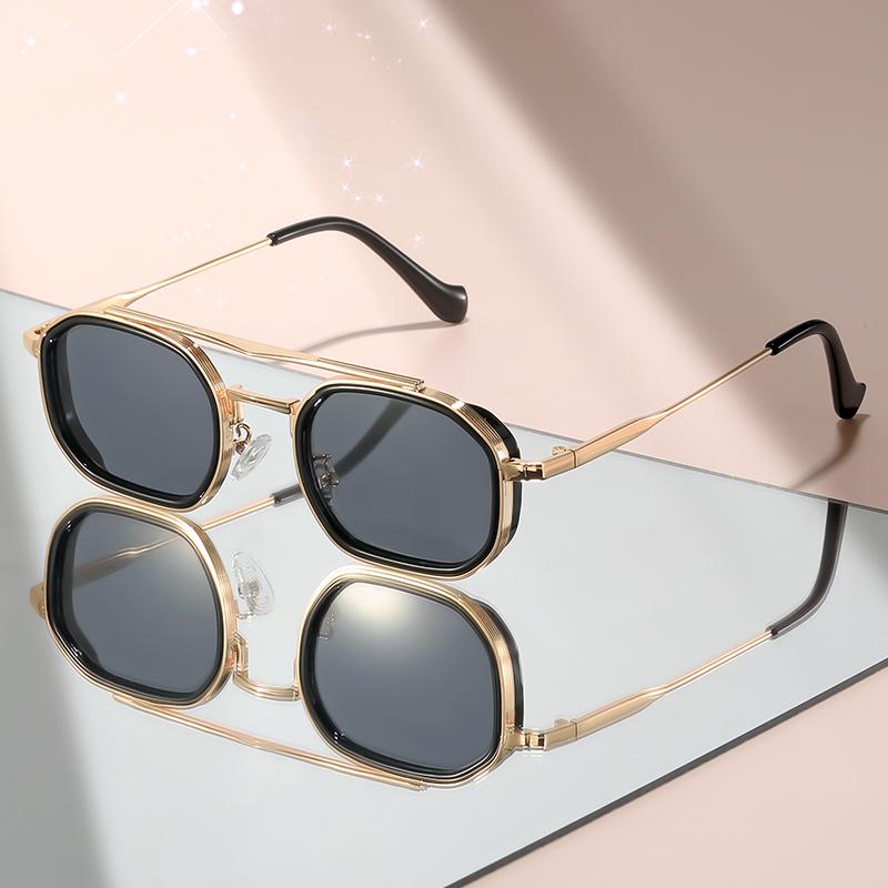 

Retro double-beam small-frame metal sunglasses with tortoiseshell tea color contrast accents, a unique pair of sunglasses чёрный