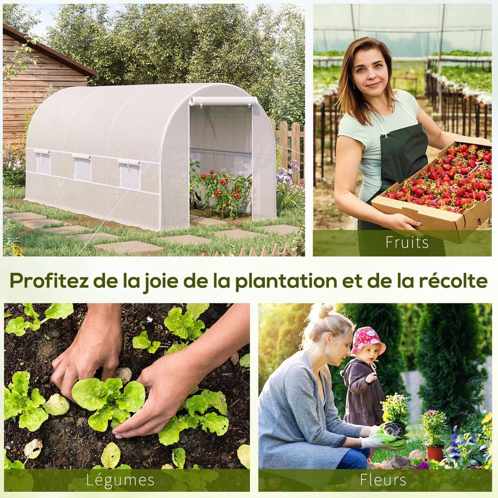 Garden Tunnel Greenhouse 8m², Tunnel Garden Greenhouse with Door and 6 Windows, PE Cover 140 G/m² 400 X 200 X 200 Cm White
