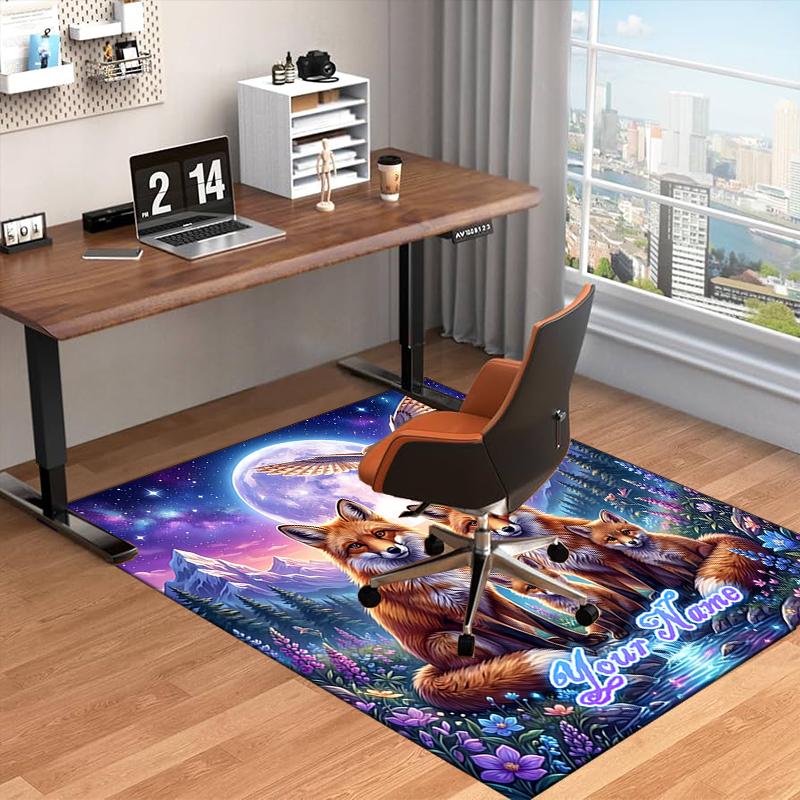 1PC Custom Name Fox Family Moonlit Night Theme Floor Mat Ideal for Living Room, Game Rooms, Office, Bedroom, Floor Mat Playful Design