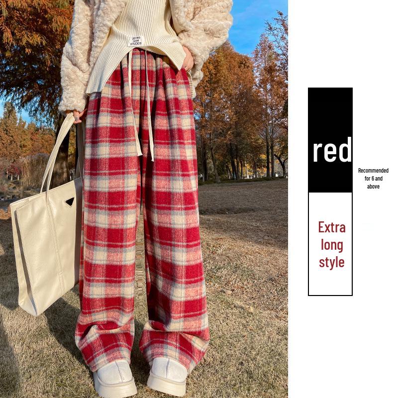 Retro Velvet Plaid High-Waist Wide-Leg Pants for Women S