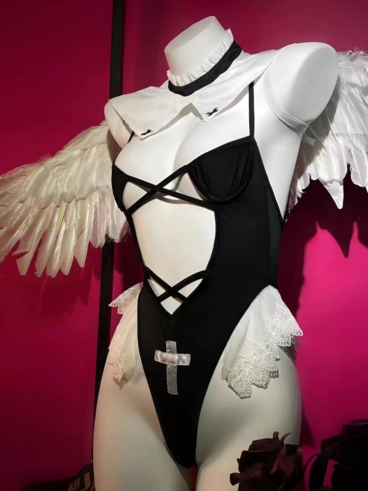 Halloween Nun Cosplay Lingerie Bodysuit Women Sexy Cross Hollow Temptation Sweet Nightgowns Nightclub Devil Anime COS Uniform