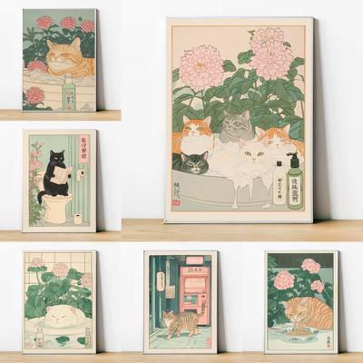 Cat In the Bathtub Japanese Vintage Classic Tiger Cat Wall Art Japanese Bathroom Toilet Poster Home Living Room Bedroom Decor