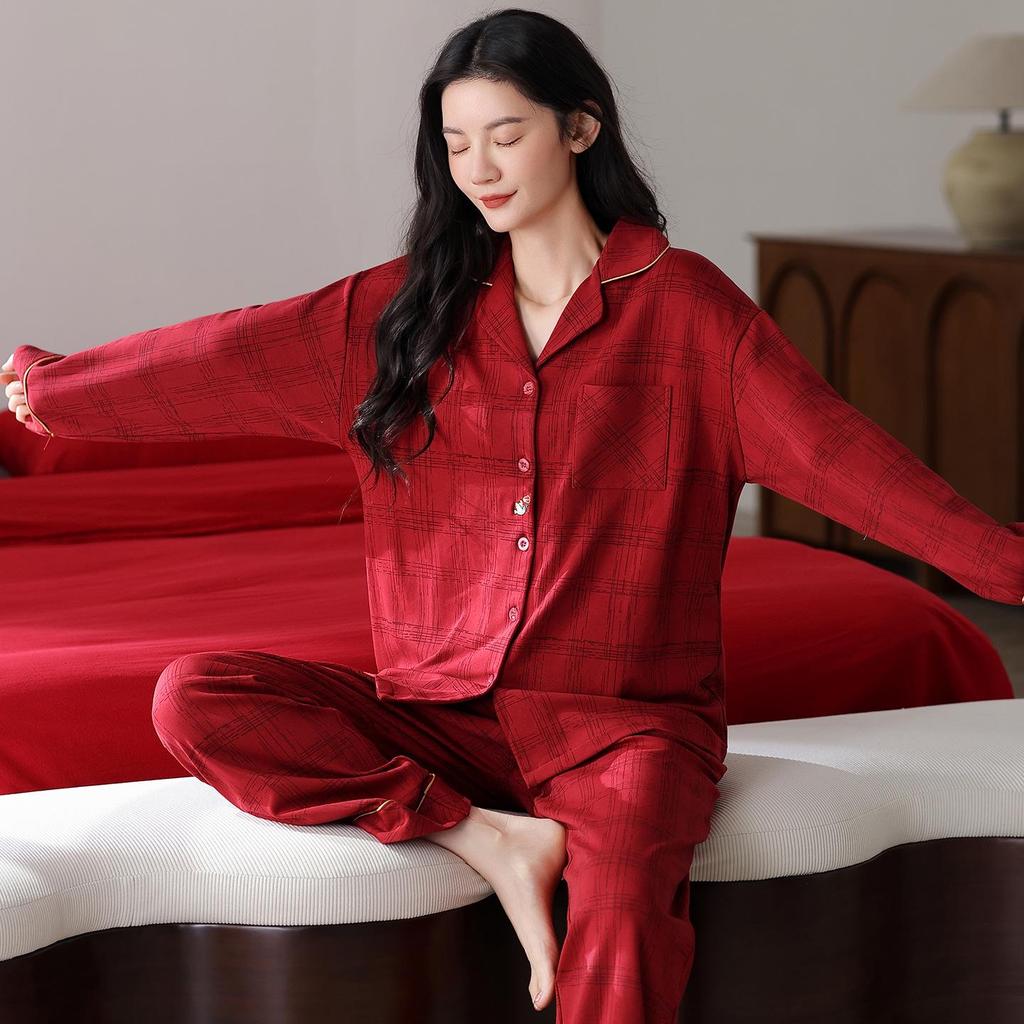 2025 Festive Red Women's Pure Cotton Pajama Set - Long-Sleeved & Long-Pants, Year of the Rat Edition