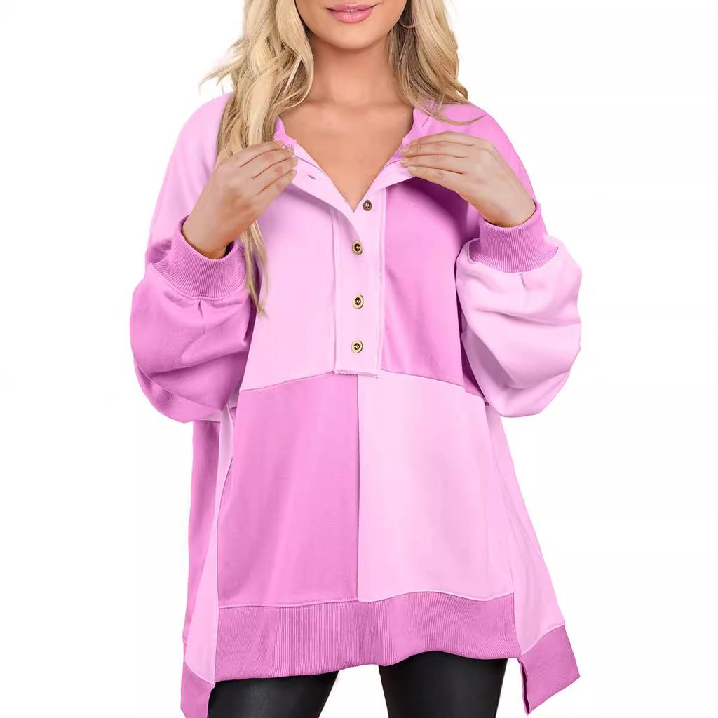Women's Long Sleeve Color Block Knit Top with Button Front in Multiple Colors