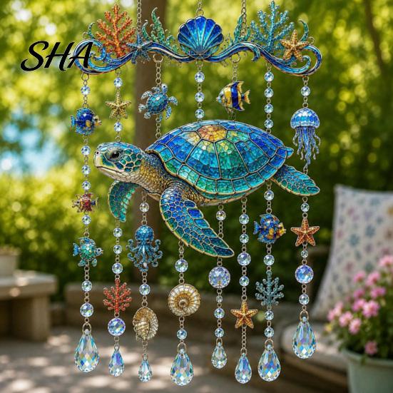 Ocean Window Decoration Animal Acrylic Hanging, Stained Glass Style Sea Turtle Whale Dolphin Suncatcher Outdoor Balcony with Crystal Beads &