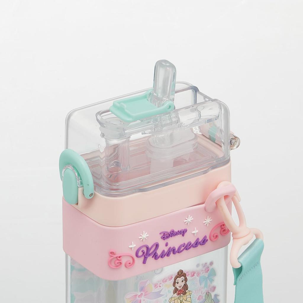 Skater Square 2-Way Water Bottle, 600ml, Straw, Direct Drinking, Cover, Shoulder Strap Included, Disney Princess, Girls, PSQW6-A