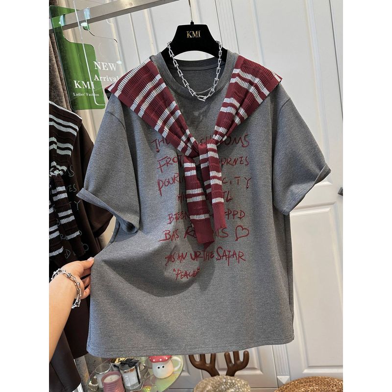 Plus-Size 150kg American-Style Brushed Thickened Letter-Print Shawl Short-Sleeve T-Shirt for Women, New Spring and Autumn Slimming Top