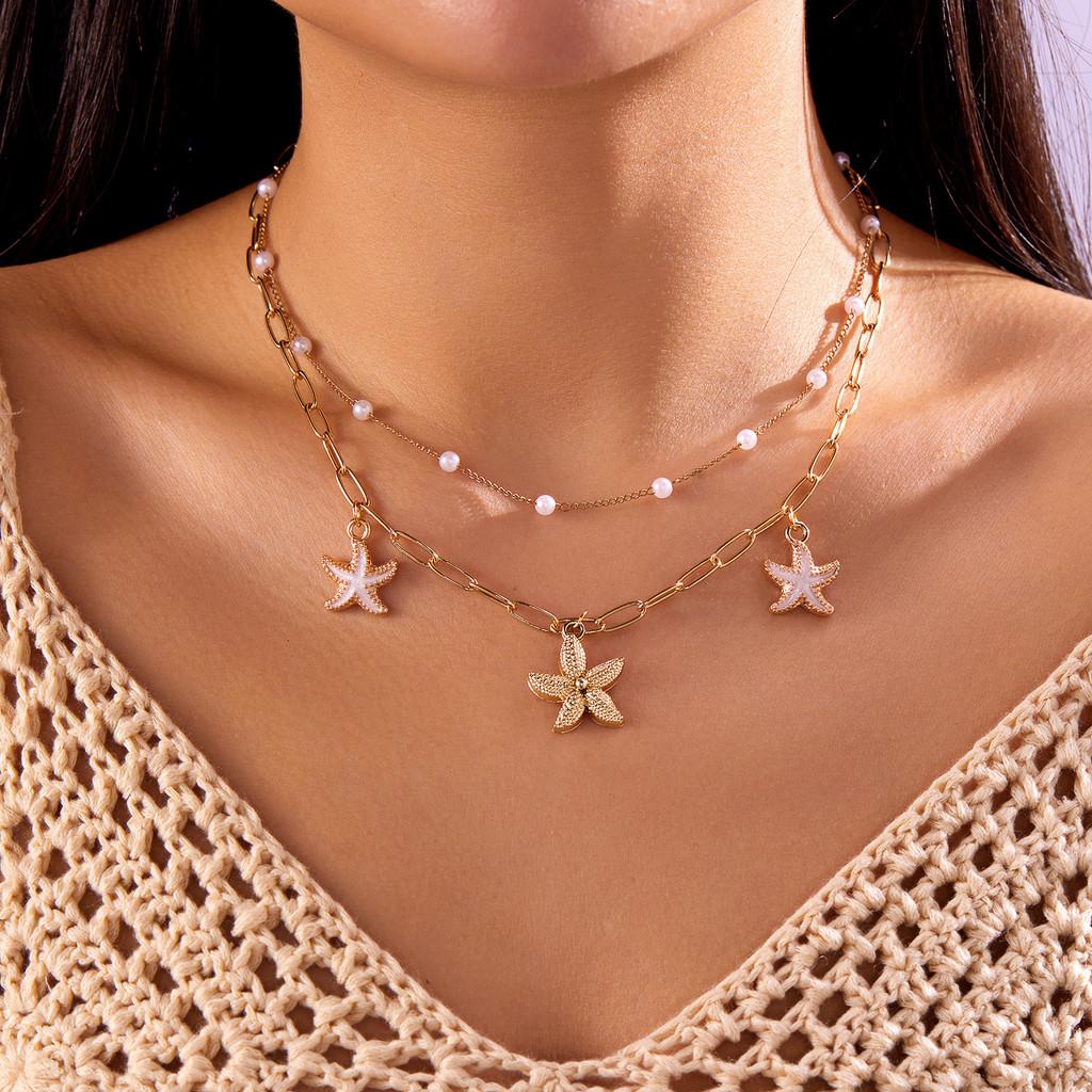 Bohemian Starfish Pearl Pendant Necklace For Women With Multilayer Design And Zinc Alloy Chain