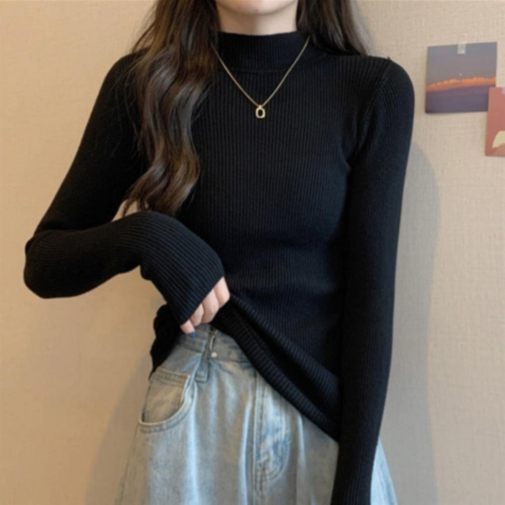 Open Run Women S Slim Fit Mock Neck Long Sleeve Knitwear Solid Rib