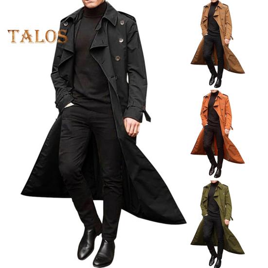 Men Trench Coat Lapel Long Sleeve Solid Color Windbreaker Double Breasted Long Style Outdoor Business Outwear