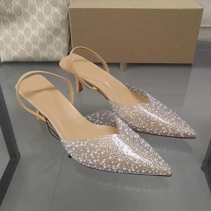 

Fashion Elegant Women High Heeled Sandals Pearl Decoration Lightweight Pointed Toe Wedding Party Stiletto Sexy PVC Summer Ladies Shoes 36 бежевый