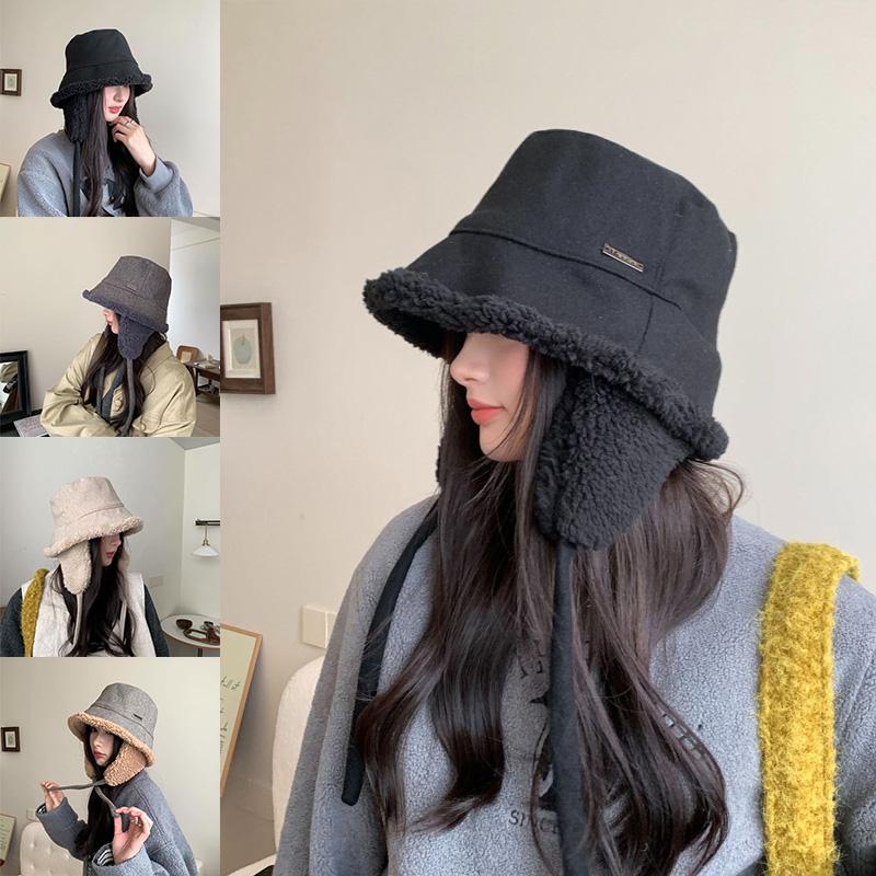 1Pc Bucket Hat Windproof Strap Versatile Lamb's Wool Warm Fisherman Hat Velvet Ear Protection