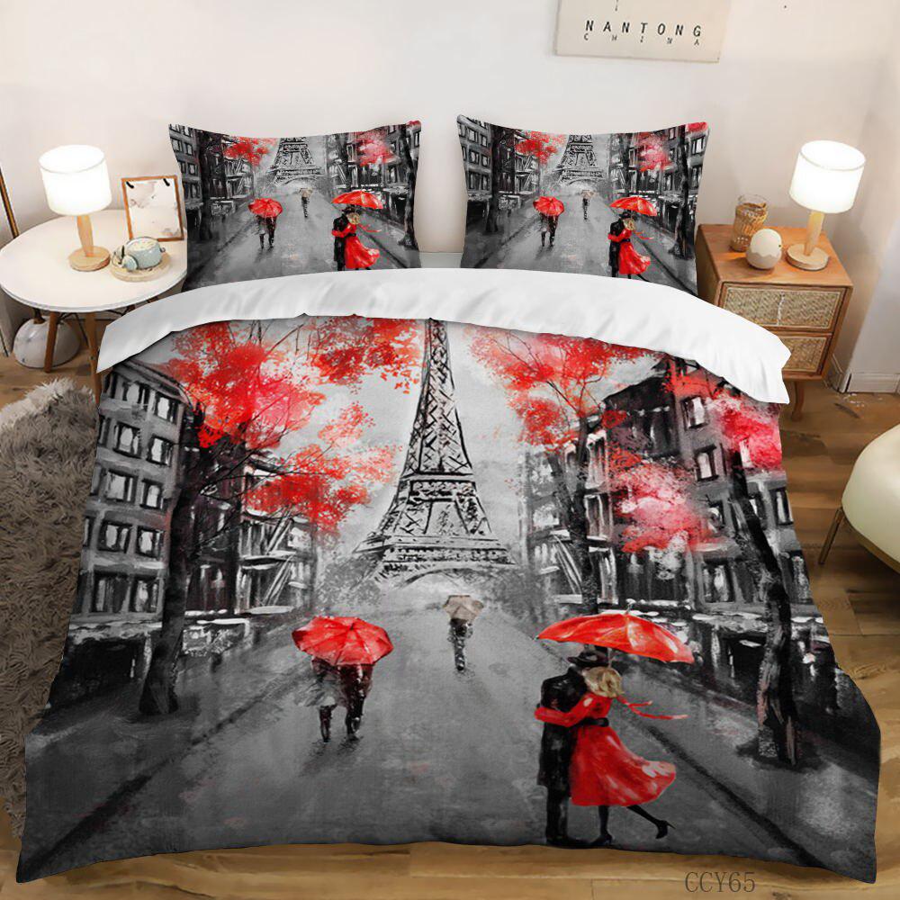 Comforter Eiffel Tower Bedding Set Queen Size Couple Valentine'S Day Comforter Set For Women Romantic Paris Room Decor