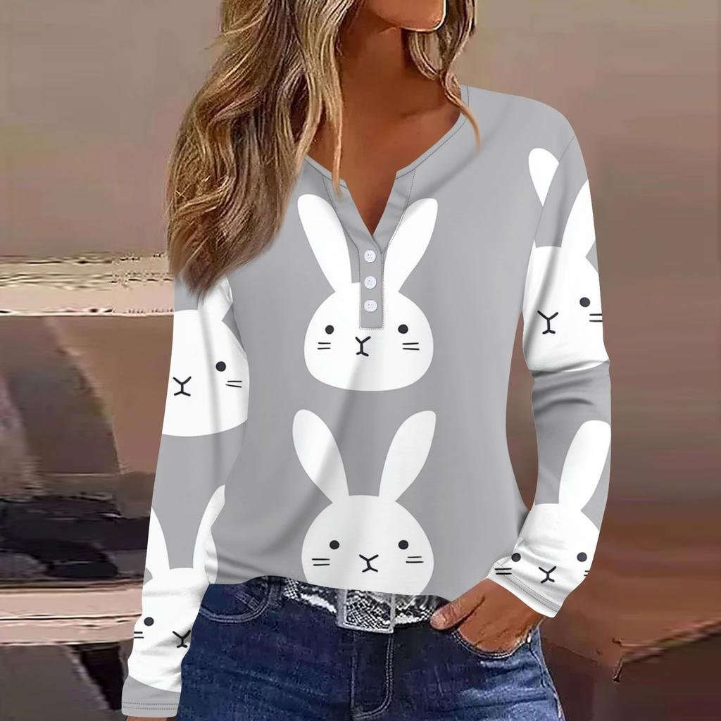 Women's Fashion Casual Printed V-neck Long Sleeve Button Up T-shirt Top