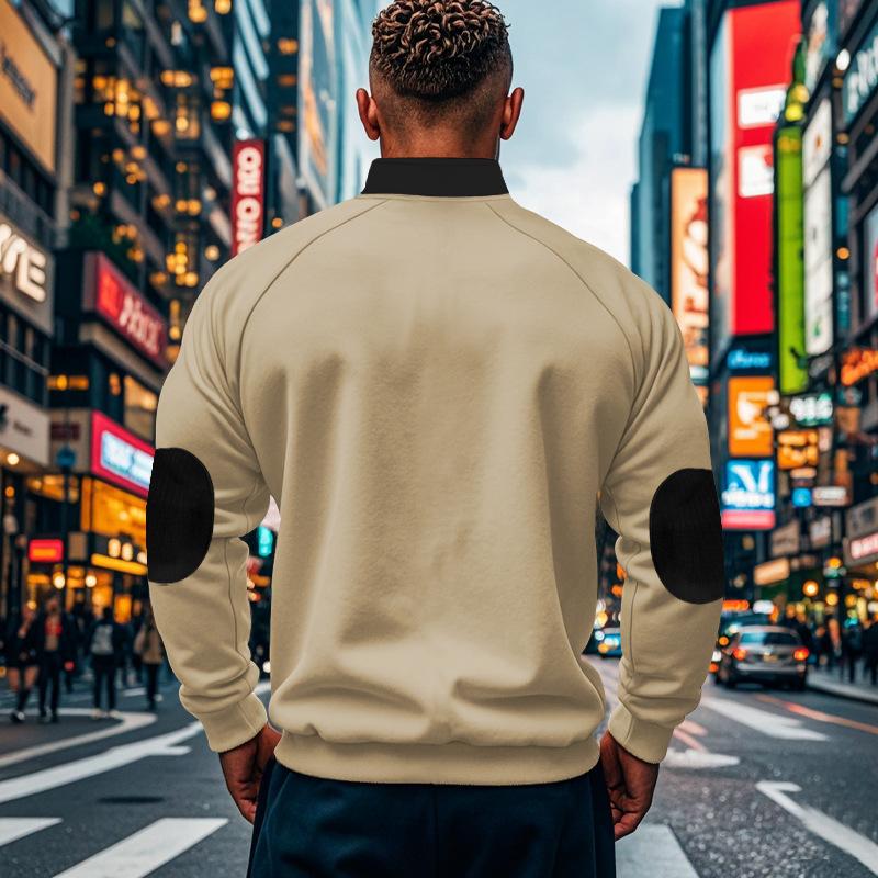 Autumn Winter Patchwork Sweatshirts Men Loose Casual Fleece Heavyweight Stand Up Collar Pullover Half Zipper Long Sleeved Sweatshirt