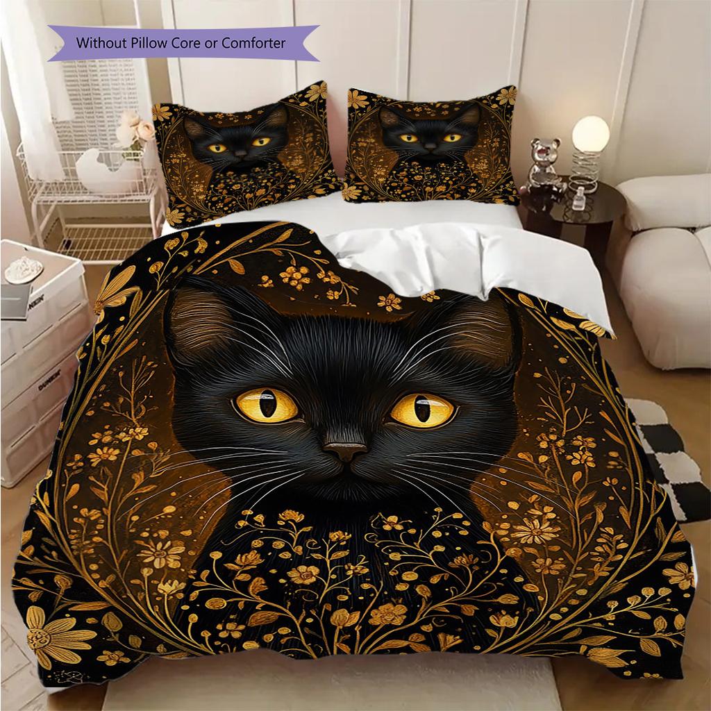 Black Cat Pattern Bedding Quilt Set Quilt Cover Pillowcase Home Decoration Birthday Gift (1 * Duvet Cover + 2 * Pillowcase, Without Core)