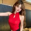 New Chinese style national style stand-up collar sleeveless knitted vest with chest pad, women's summer wear slim-fitting neck-hanging small top