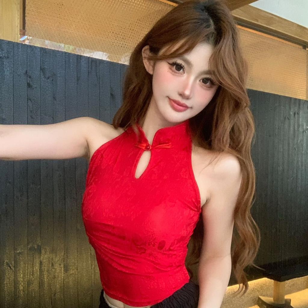 New Chinese style national style stand-up collar sleeveless knitted vest with chest pad, women's summer wear slim-fitting neck-hanging small top