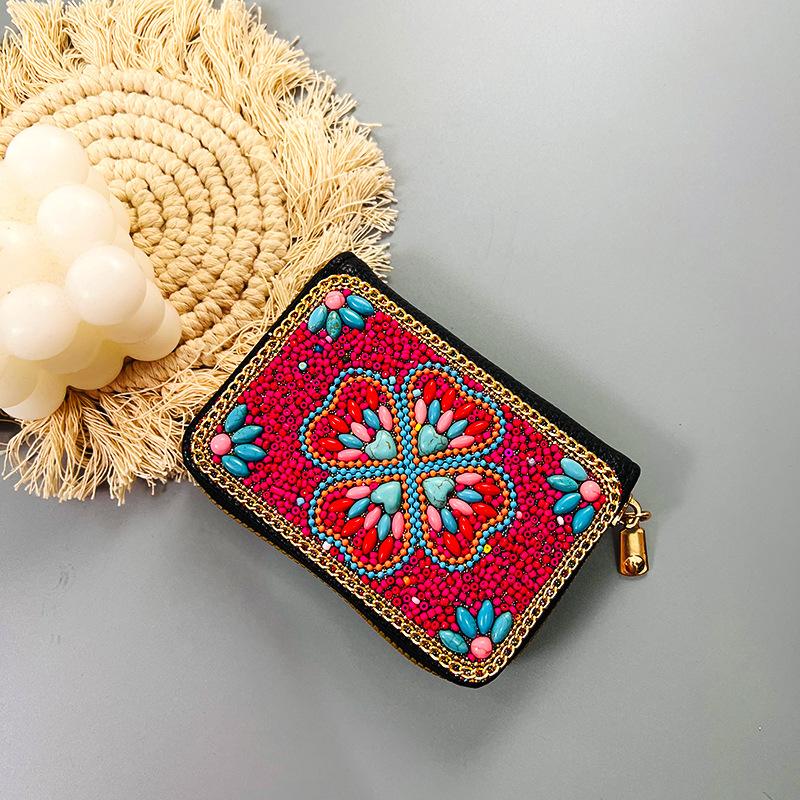 Ethnic Style Card Holder - Multi-layer Premium Hand-feel Vintage Delicate Beaded Zipper Pocket
